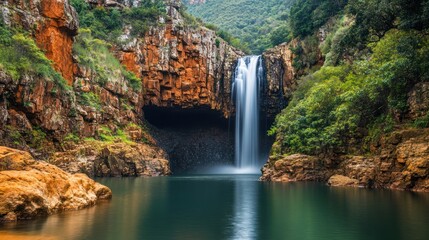 Fototapeta premium Waterfall cascading into pool, lush canyon. Nature, travel, landscape