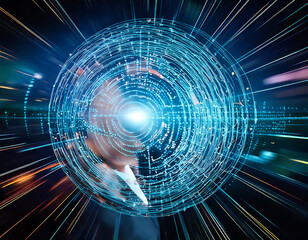 Futuristic Digital Interface with AI Technology and Data Visualization