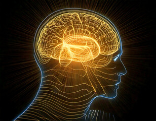 Glowing Digital Brain and Neural Network Concept in a Futuristic Human Head