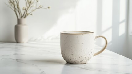 .Blank ceramic mug ready for branding, placed on a premium marble surface