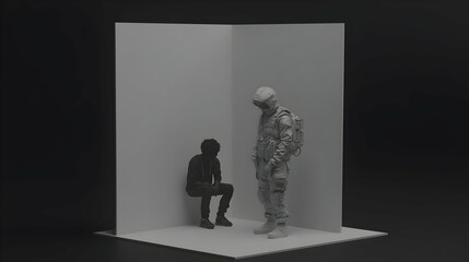 Obraz premium Astronaut meets shadow figure in room