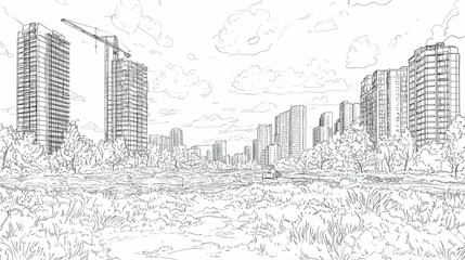 Fototapeta premium Cityscape sketch buildings, park, construction