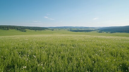 Fototapeta premium Serene valley meadow landscape, wildflowers blooming, clear sky, peaceful background, nature scene