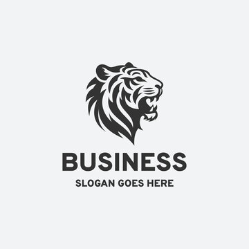 Roaring tiger logo design vector illustration in black and white style on a white background