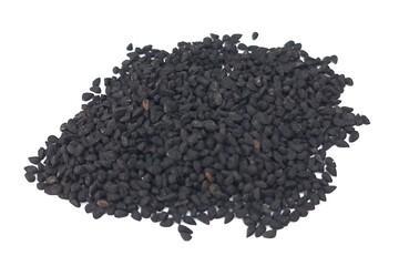 Black cumin seeds pile isolated on white background