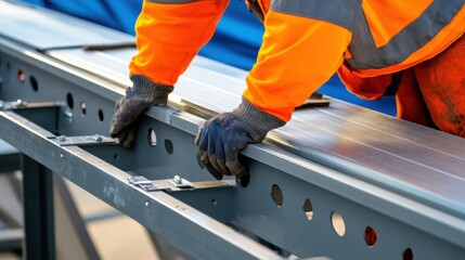A close-up of a construction worker assembling modular components for a temporary event structure, Event structure construction scene, Modular assembly style