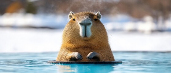 Obraz premium Capybara relaxing in a blue hot spring surrounded by snow and winter landscape
