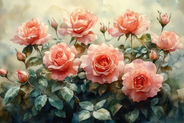 Fototapeta premium Pink Roses and Green Leaves Delicate Watercolor Botanical Illustration