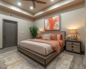 Fototapeta premium Modern bedroom with king-size bed, artwork, and warm lighting.