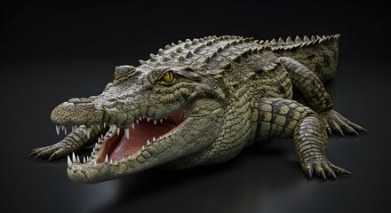 Obraz premium Large Crocodile with Open Mouth Showing Sharp Teeth on Black Background