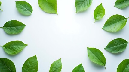 Fototapeta premium Green leaves arranged in a frame on white background