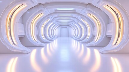 Obraz premium Futuristic White Sci-Fi Corridor with Glowing Lights and Sleek Design. Generative AI