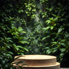 An elegant product display background featuring lush green foliage in a softly blurred setting. The foreground includes a natural and aesthetic pedestal