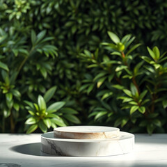 An elegant product display background featuring lush green foliage in a softly blurred setting. The foreground includes a natural and aesthetic pedestal