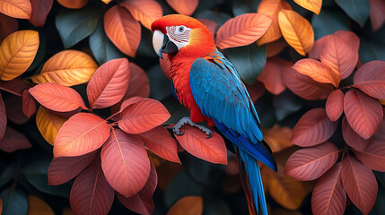 Fototapeta premium Close-up of vibrant parrot feathers showcasing intricate details and patterns, illuminated by natural light, with a blurred background and empty space for captions or design elements