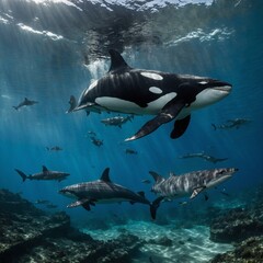 Obraz premium An orca, a dolphin, and a shark having a friendly race underwater.