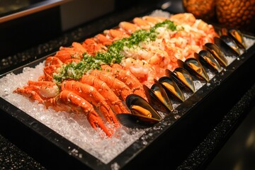Seafood buffet Fresh lobster tails, shrimp, mussels on ice for elegant dining