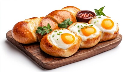 Delicious Pretzel Rolls with Fried Eggs and a Spicy Sauce on Wooden Platter. Generative AI