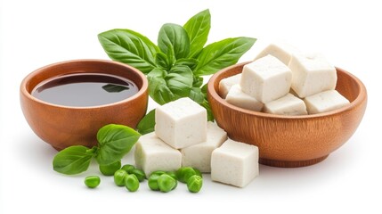 Soy tofu cubes with soy sauce basil and peas isolated on white background. Generative AI