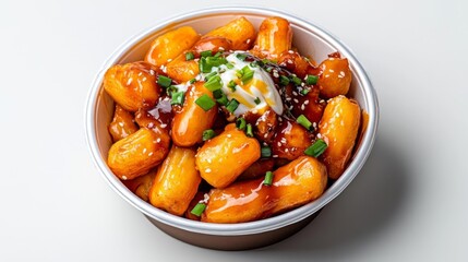 Tasty Korean tteokbokki with sauce and garnished with green onions and sesame seeds. Generative AI
