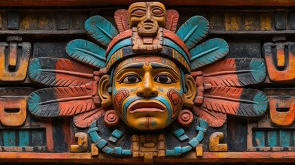 Obraz premium Colorful Mayan carved mask, temple facade, ancient art, close-up