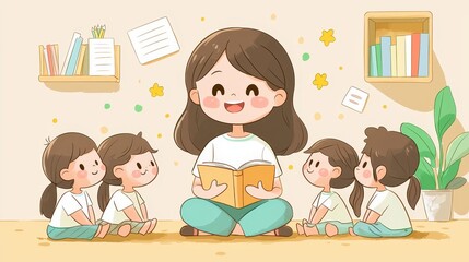 Storytime session with children classroom illustration cozy indoor engaging learning