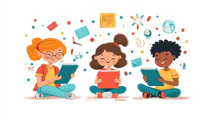 Fototapeta premium Illustration of joyful education children engaged in creative classroom activities