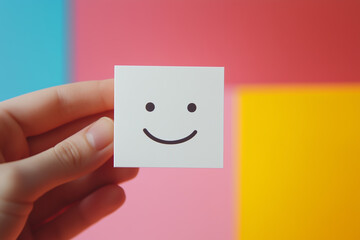 Obraz premium Hand holding a card with a minimalist happy face illustration on a vibrant background of pink, blue, and yellow, evoking positivity, happiness, and simplicity concepts.