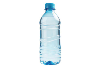 Clear Plastic Bottle of Mineral Water on Transparent Background with Blue Cap. A clear plastic water bottle with a blue cap.