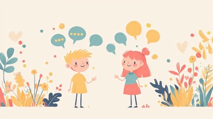 Children engaging in conversation outdoor garden illustration colorful environment playful viewpoint