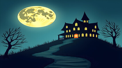 A full moon illuminating a haunted mansion on a hill