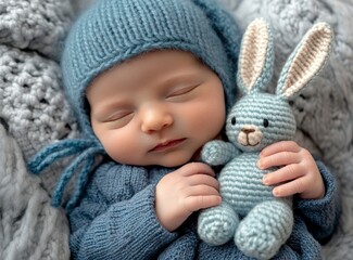 A newborn baby boy is sleeping, wearing a blue hat and holding a cute plush toy bunny in his arms. 