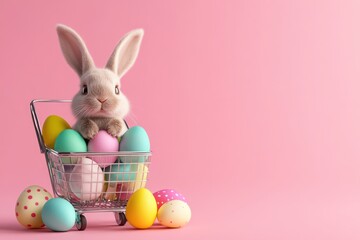 Easter bunny in shopping cart with eggs, pink background, holiday shopping