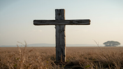 A weathered wooden cross standing alone in a field