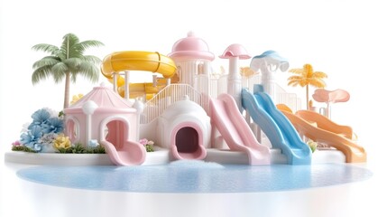 Colorful Water Slide Playground with Tropical Palm Trees and Flowers. Generative AI