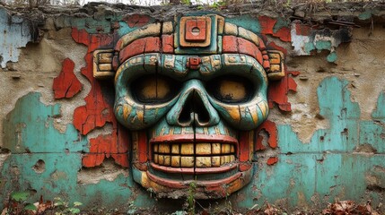 Colorful skull mask on weathered wall, overgrown background