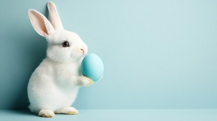 White bunny holding blue egg, pastel background, Easter