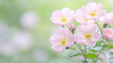 Obraz premium Delicate pink roses bloom in garden, soft focus background, ideal for greeting cards