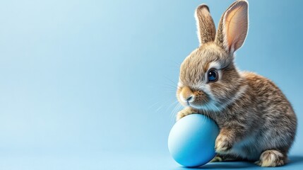 Obraz premium Easter bunny holding blue egg, pastel background