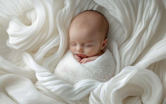 Close-up of hands holding a newborn baby wrapped in a white blanket. An Asian mother is cradling her newborn,  - Powered by Adobe