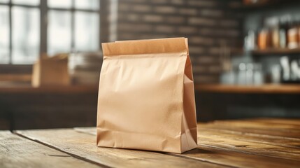 Takeaway bag mockup placed on a rustic wooden counter