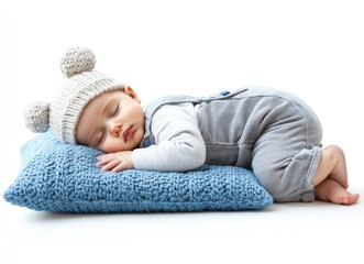 Cute newborn baby sleeping on a blue pillow, wearing light gray overalls and a hat with earflaps, against a white background,