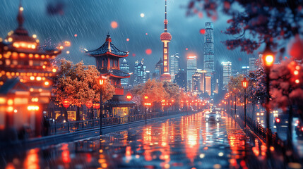 Fototapeta premium A vibrant city scene under the rain, featuring modern buildings and traditional architecture, glowing with colorful lights. 3D miniature scene, Tokyo City night scene,