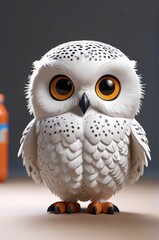 Obraz premium there is a white owl with yellow eyes sitting on a table