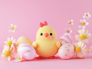 Cute chick with Easter eggs and flowers
