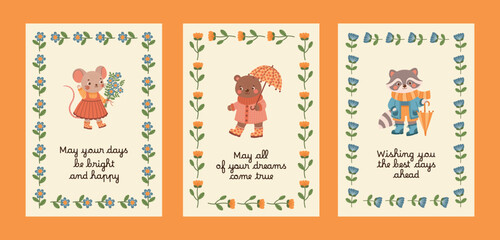 Spring summer greeting cards with cute woodland animals and flowers collection. Poster set with botanical elements and forest characters. Vector illustration. Cottagecore.