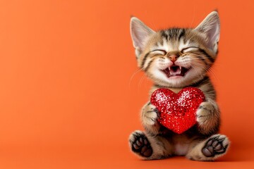 Ad visual idea. Cute chausie young cat with sparkling rhinestones red heart - symbol of love, funny greeting card. Chausie - my treasured cat. Love animal photography. Romantic pet february.
