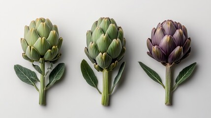 Fresh Artichokes in Various Shades with Green Leaves on White Surface