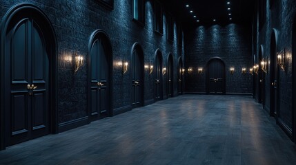 Fototapeta premium Dark hallway, arched doors, stone walls, event venue