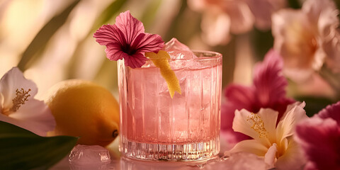 Refreshing pink cocktail garnished with hibiscus flower and lemon zest, surrounded by soft-focus hibiscus blossoms.  Perfect for summer drinks menus or lifestyle blogs.